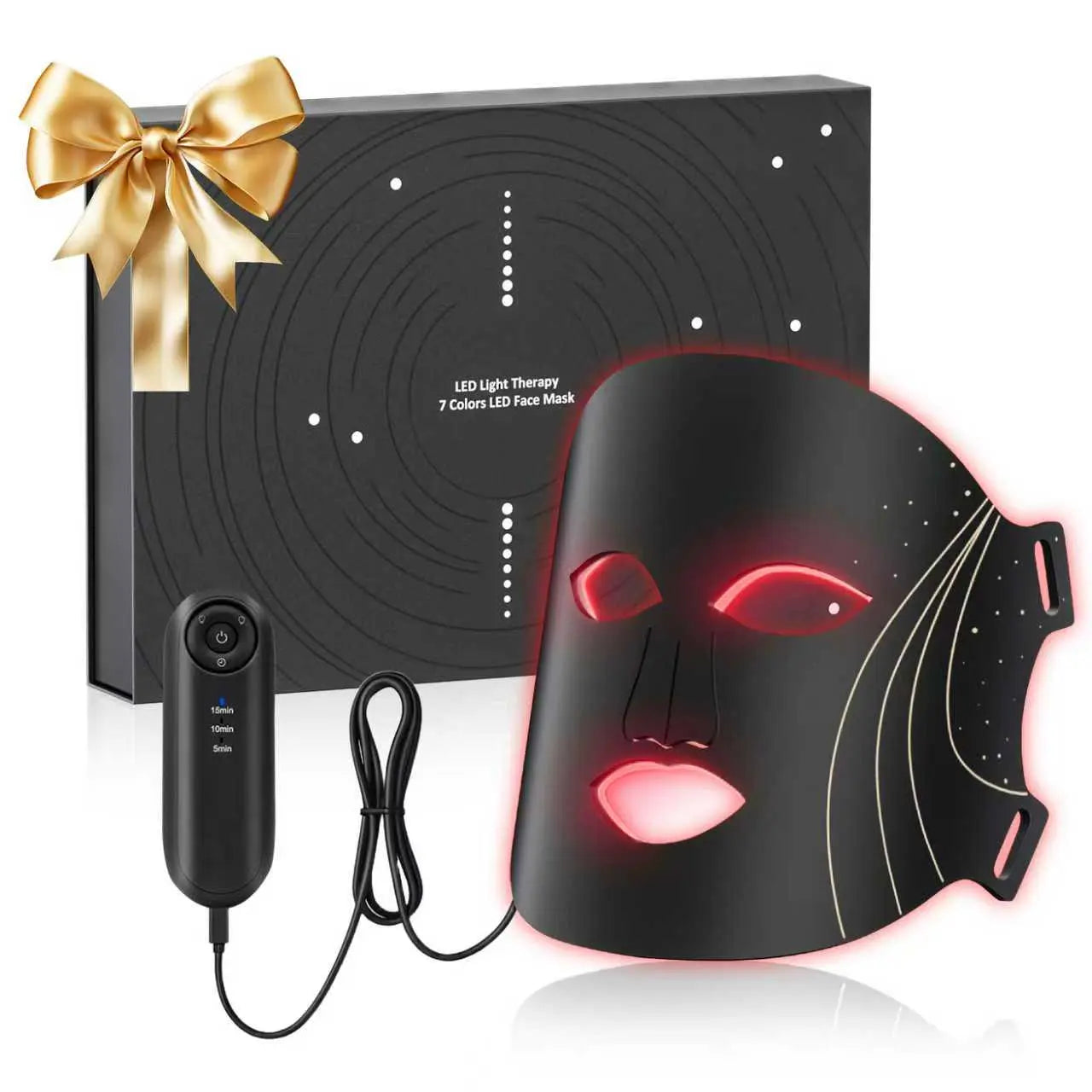 SHMHE Red Light Therapy, 7 Color LED Light Face Mask, Photon Skin Rejuvenation For Daily Care, Cordless, Rechargeable, Ideal Gift For Women, Summer Gift Skincare Facial - Specification: Upgraded Gift Box Black