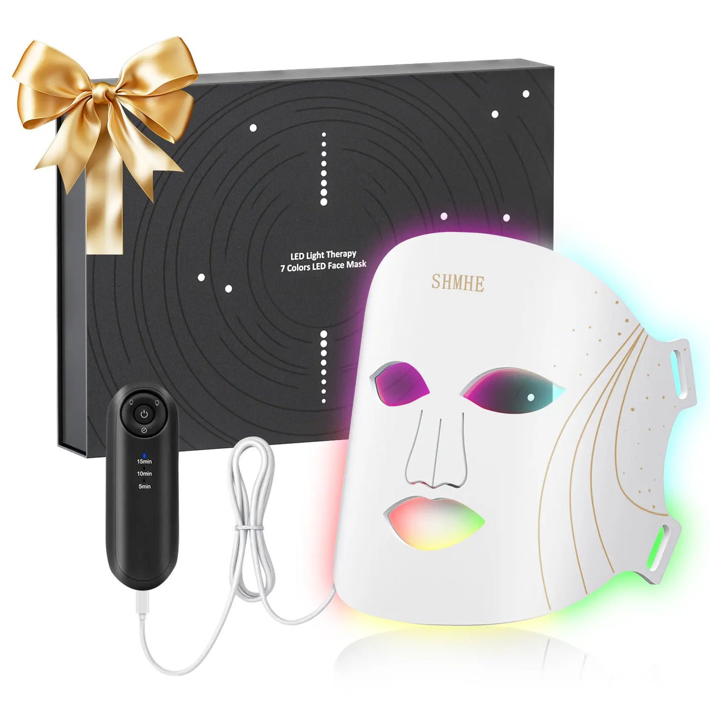 SHMHE Red Light Therapy, 7 Color LED Light Face Mask, Photon Skin Rejuvenation For Daily Care, Cordless, Rechargeable, Ideal Gift For Women, Summer Gift Skincare Facial - Specification: Upgraded Gift Box White